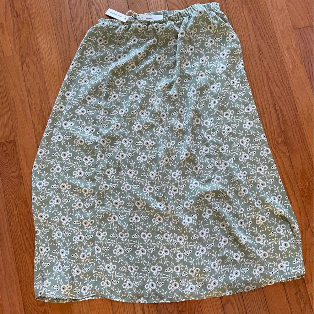 Max Studio Olive and White Floral Midi Skirt